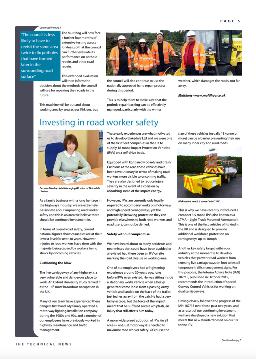 Blakedale talks road worker safety in IHE Technical Bulletin